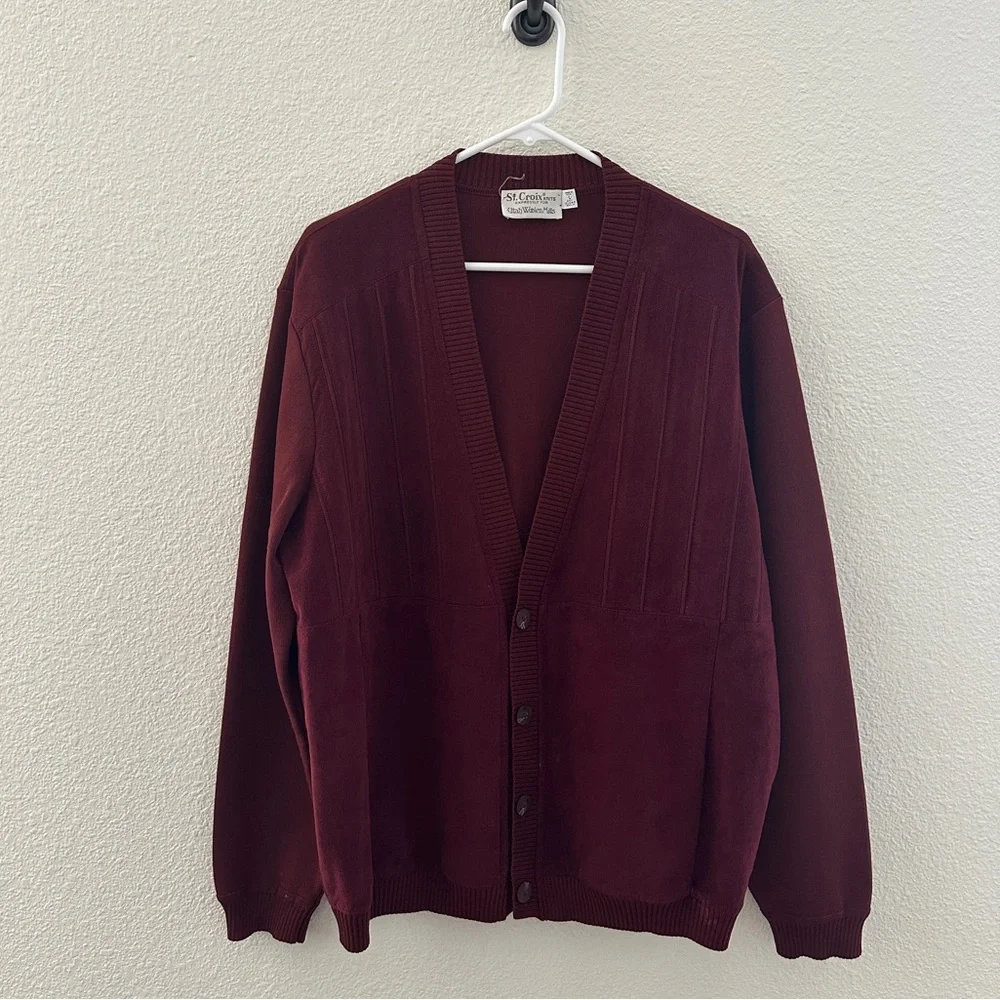 St. Croix Wool Cardigan - Ultrasuede Front Burgundy Knit - Grandmacore Sleek - L